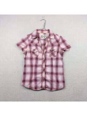 Y2K Blendshe Plaid Pearl Snap Fitted Shirt Wom Sz L Pink Biker Cowgirl Glam